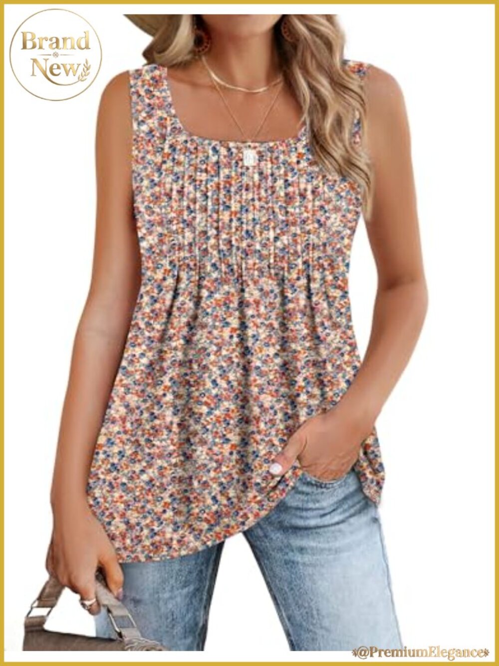 Women's Pleated Square Neck Tank Top Sleeveless Flowy Tunic